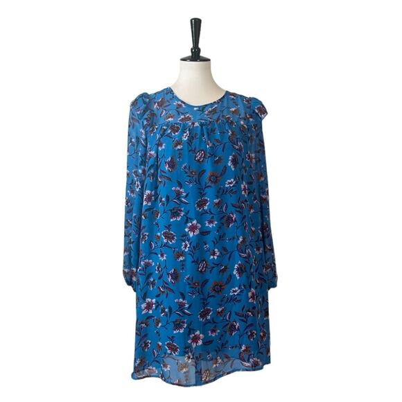 Time and Tru Shift Dress Long Sleeves Chiffon Blue Floral Women’s Size Medium M - Picture 1 of 13